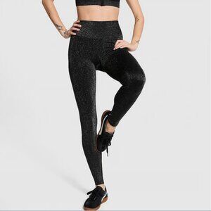 VS PINK SEAMLESS BLING SHIMMER HIGH RISE BLACK SILVER LEGGINGS (M) NWT!
